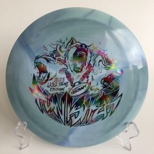 Top view of vibrant swirl green Discraft Punisher in ESP plastic 2023 Ledgestone Edition with holographic foil stamp.