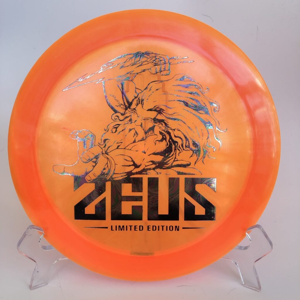 Top view of limited edition Discraft Zeus in Z plastic featuring vibrant colors and a unique design.