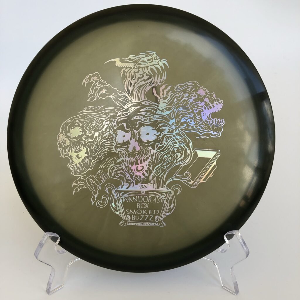 Top view of opaque smoked Discraft Buzzz in Z plastic - Special Edition with unique design.