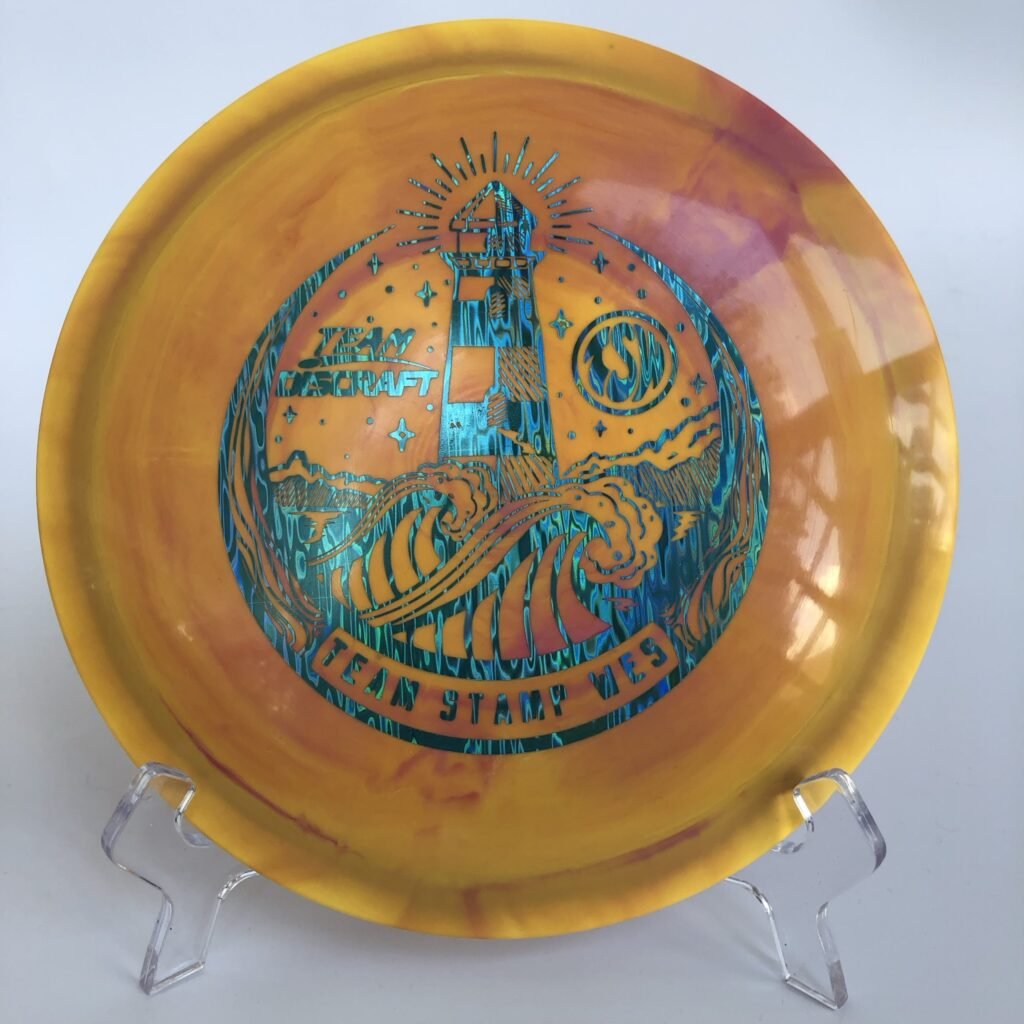 Top view of multi-colored Discraft ESP Swirl Undertaker in vibrant plastic with a team stamp.