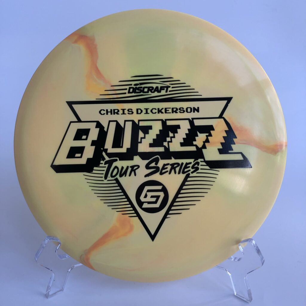 Top view of swirled blue and purple Discraft Buzzz in ESP plastic 2022 Tour Series.