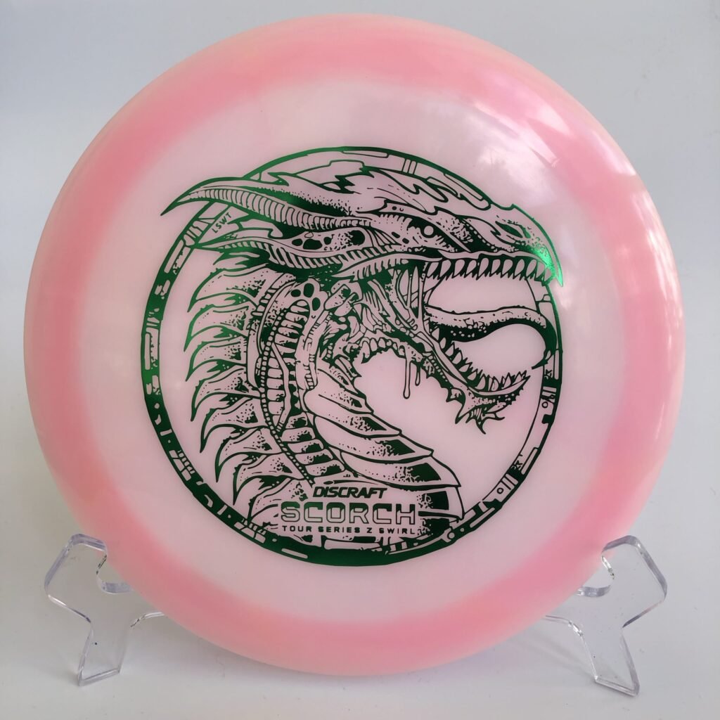 Top view of vibrant Z Swirl Discraft Scorch in Z plastic - Ledgestone Edition.