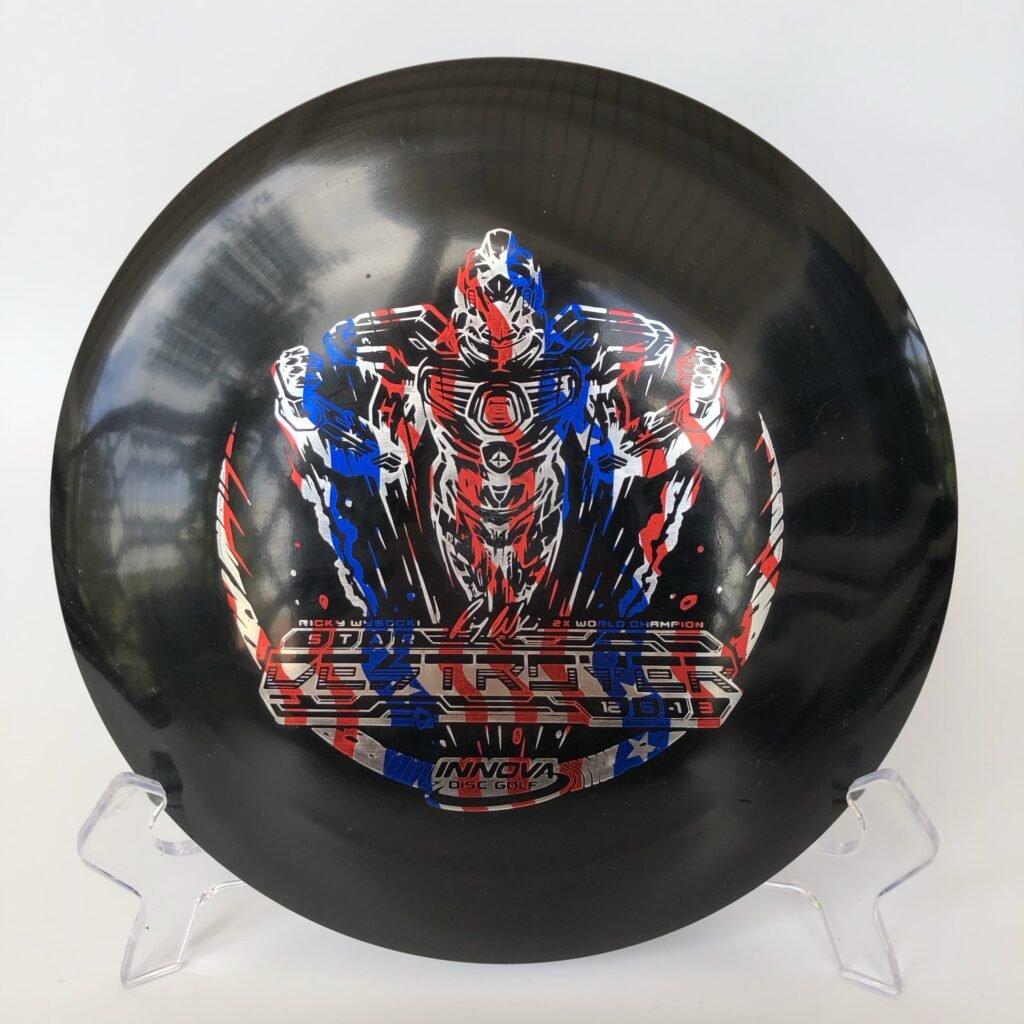 Top view of vibrant Star Innova Destroyer in premium Star plastic featuring Ricky Wysocki's 2X World Champion stamp.