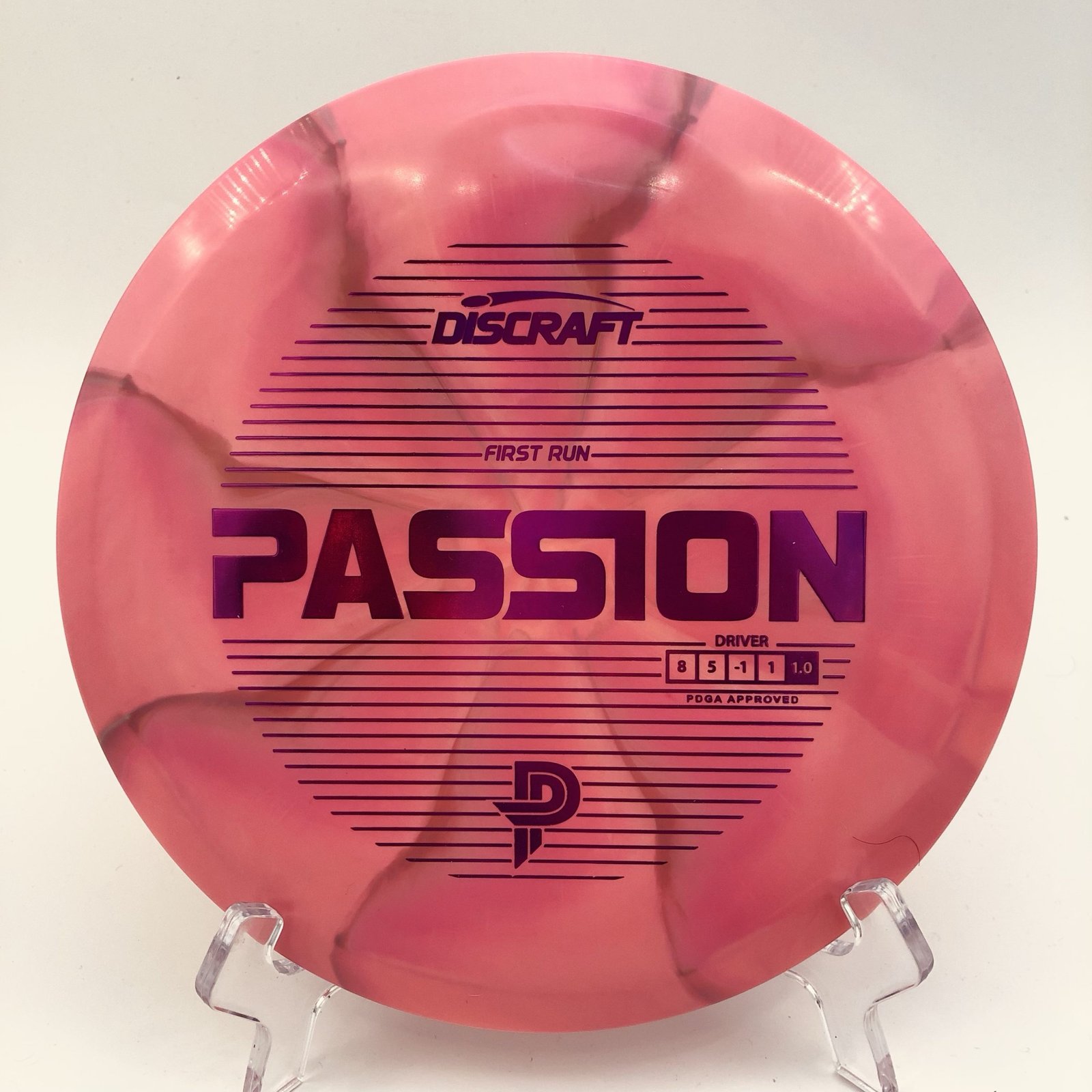 Top view of colorful swirly Discraft Passion in ESP plastic First Run edition.