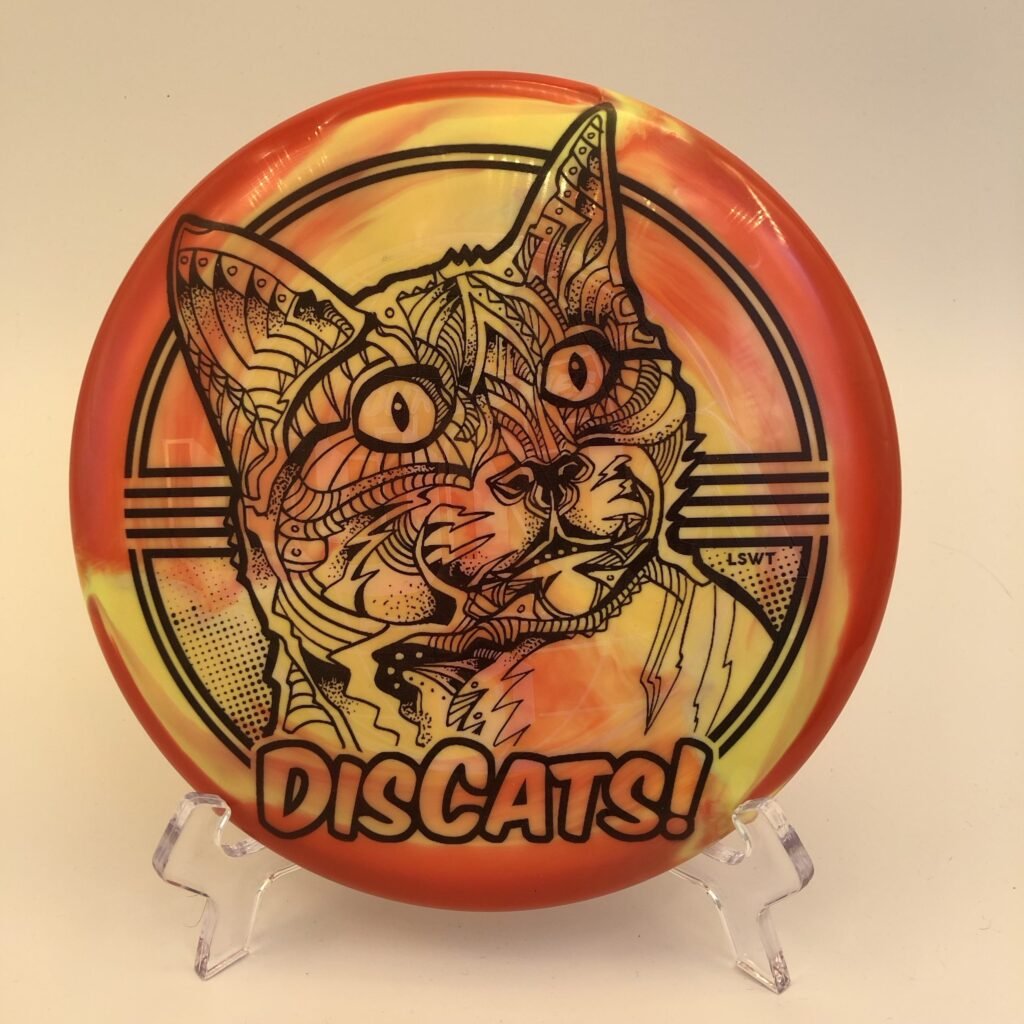 Top view of purple Discraft ESP Swirl Luna in 2022 Paul McBeth Tour Series plastic.