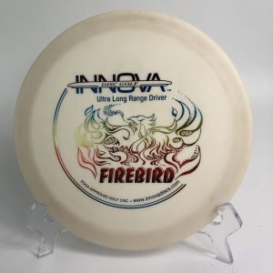 Top view of bright orange Innova DX Firebird in durable plastic featuring an old mini barstamp.