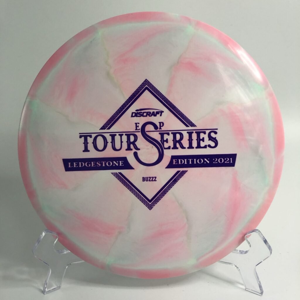 Top view of blue Discraft Buzzz in ESP Swirl plastic - 2021 Ledgestone Tour Series.