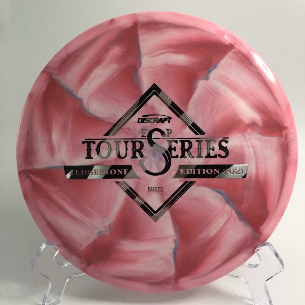 Top view of swirled blue Discraft Buzzz in ESP plastic - 2021 Ledgestone Tour Series with vibrant stamp.