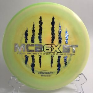 Top view of the white Discraft ESP Buzzz in 6X Commemorative plastic with vibrant blue stamp.