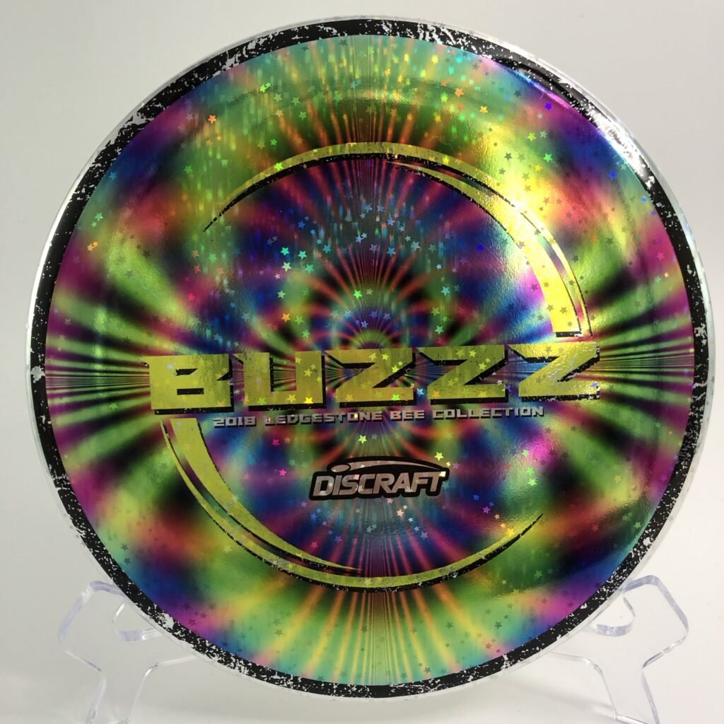 Top view of blue Discraft Buzzz in ESP plastic - 2018 Ledgestone Bee Collection with special foil stamp.