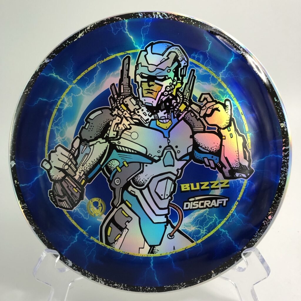 Top view of vibrant ESP Discraft Buzzz in special Les White Electric Man artwork.