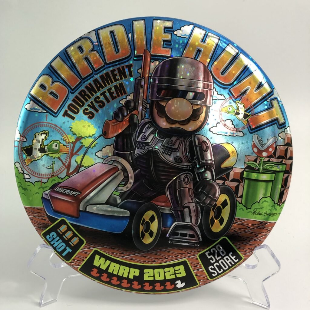 Top view of blue Discraft Buzzz in ESP plastic - 2023 Michael Barnard Birdie Hunt edition.