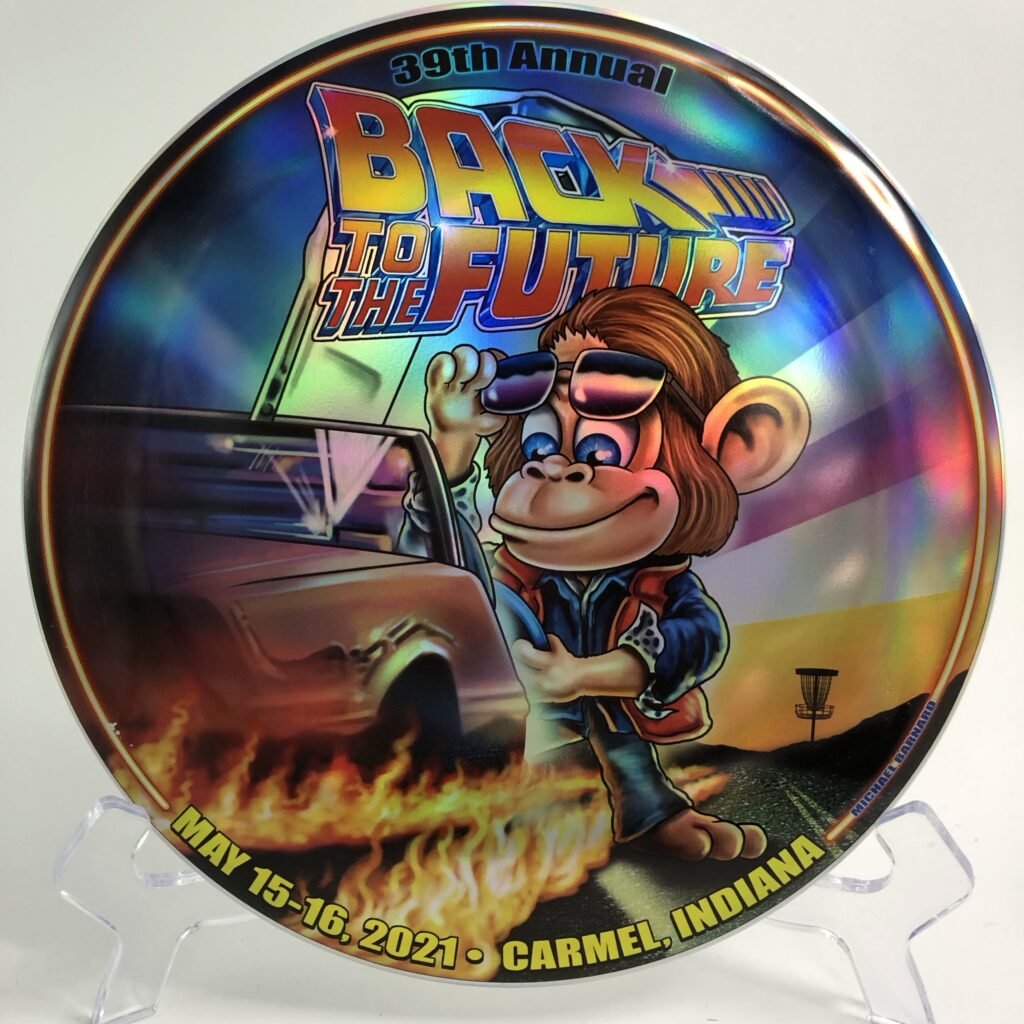 Main view of the colorful Discraft Buzzz in ESP plastic featuring the Back To The Future design.