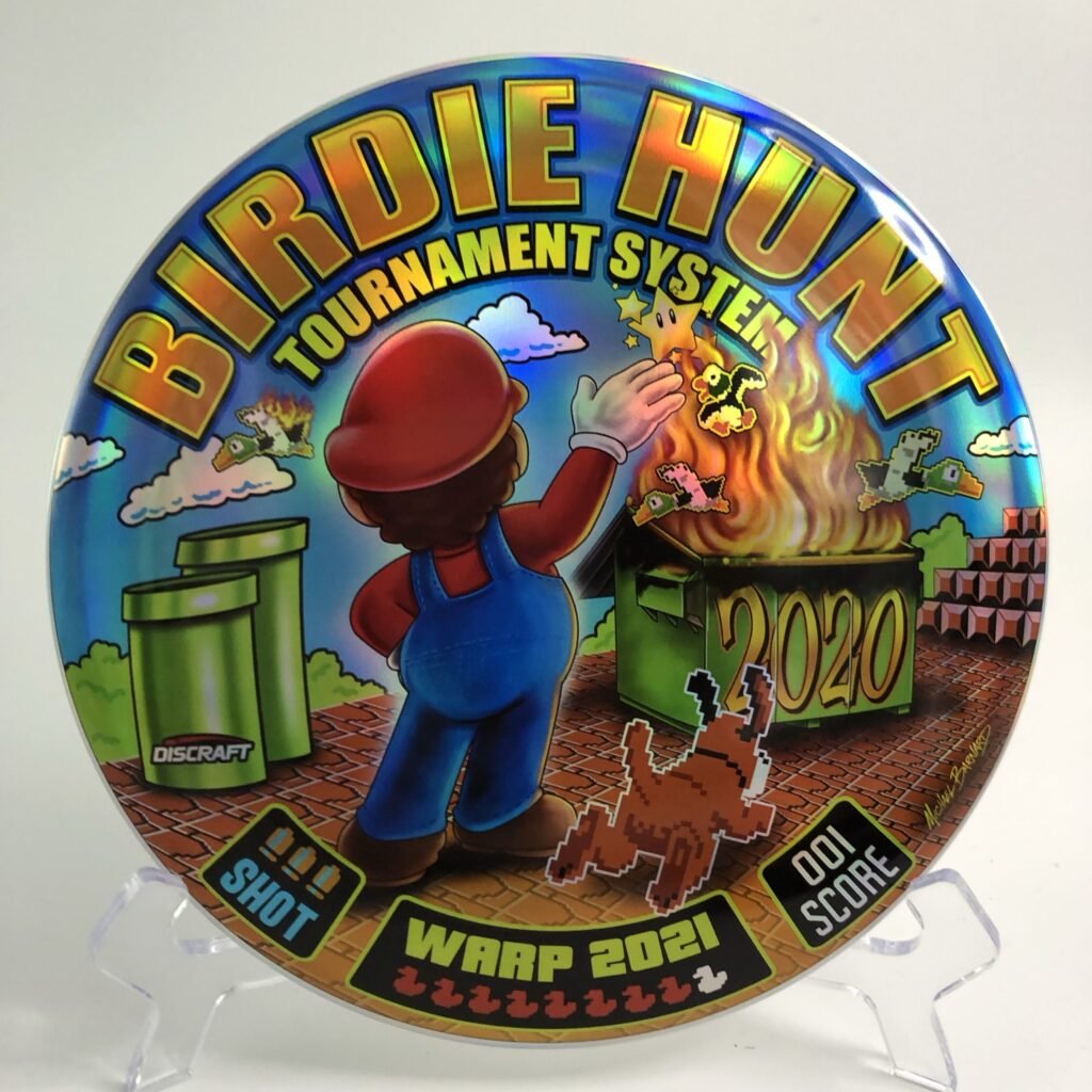 Top view of translucent Discraft Buzzz in ESP plastic from the 2021 Michael Barnard Birdie Hunt Warp with a raised hand design.