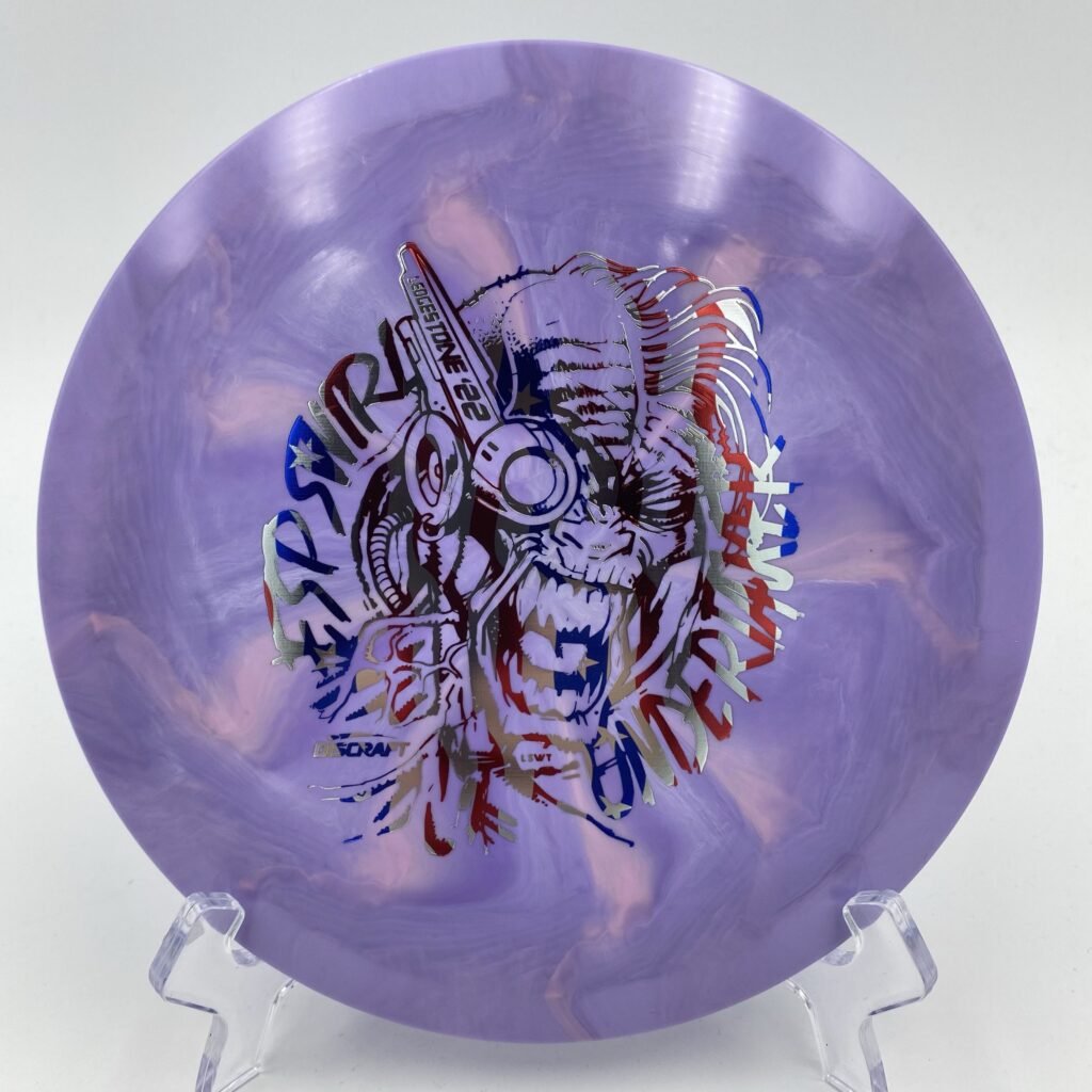 Top view of swirly blue Discraft Undertaker in ESP plastic 2022 Ledgestone Edition with silver foil stamp.