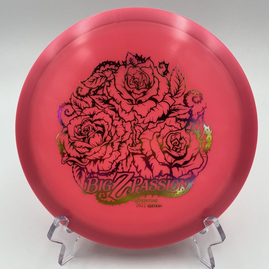 Top view of translucent Discraft Big Z Passion in 2022 Ledgestone Edition plastic with vibrant colors.