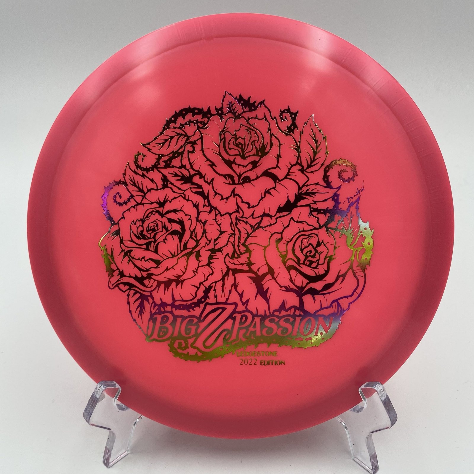 Top view of translucent Discraft Big Z Passion in 2022 Ledgestone Edition plastic with vibrant colors.