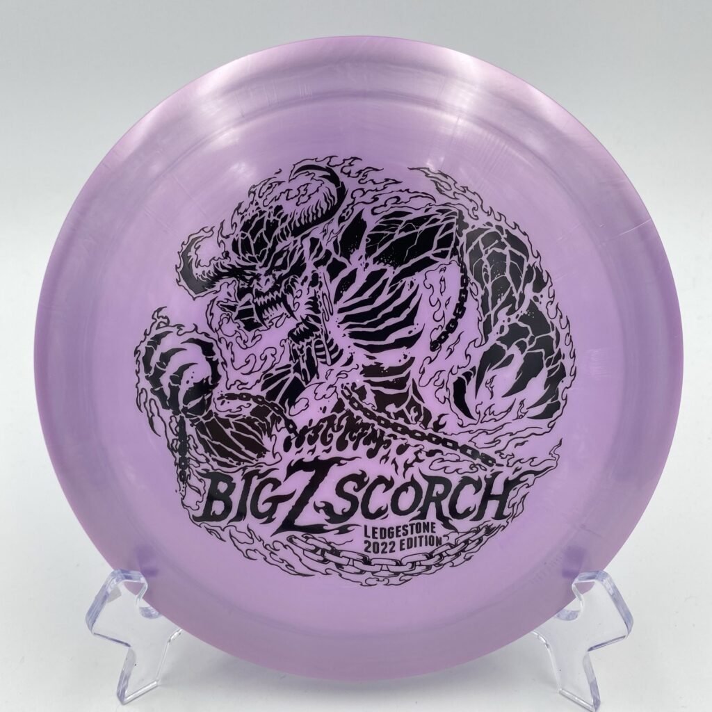 Top view of green Discraft Scorch in Big Z plastic - 2022 Ledgestone Edition with silver foil stamp.