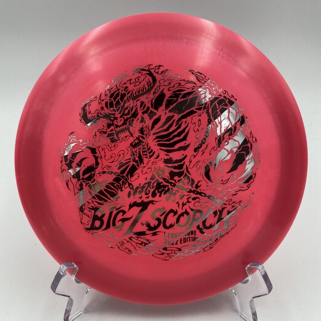 Top view of vibrant Big Z Discraft Scorch in 173-174g plastic - 2022 Ledgestone Edition with shimmering foil stamp.