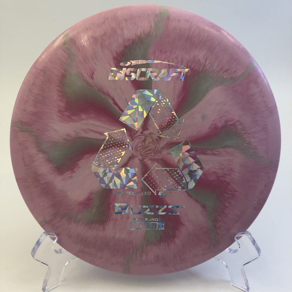 Translucent swirly Discraft Buzzz in ESP plastic made from 100% recycled materials.