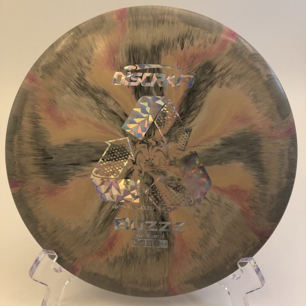 Top view of Discraft Buzzz in ESP plastic with a swirly design, made from 100% recycled materials.