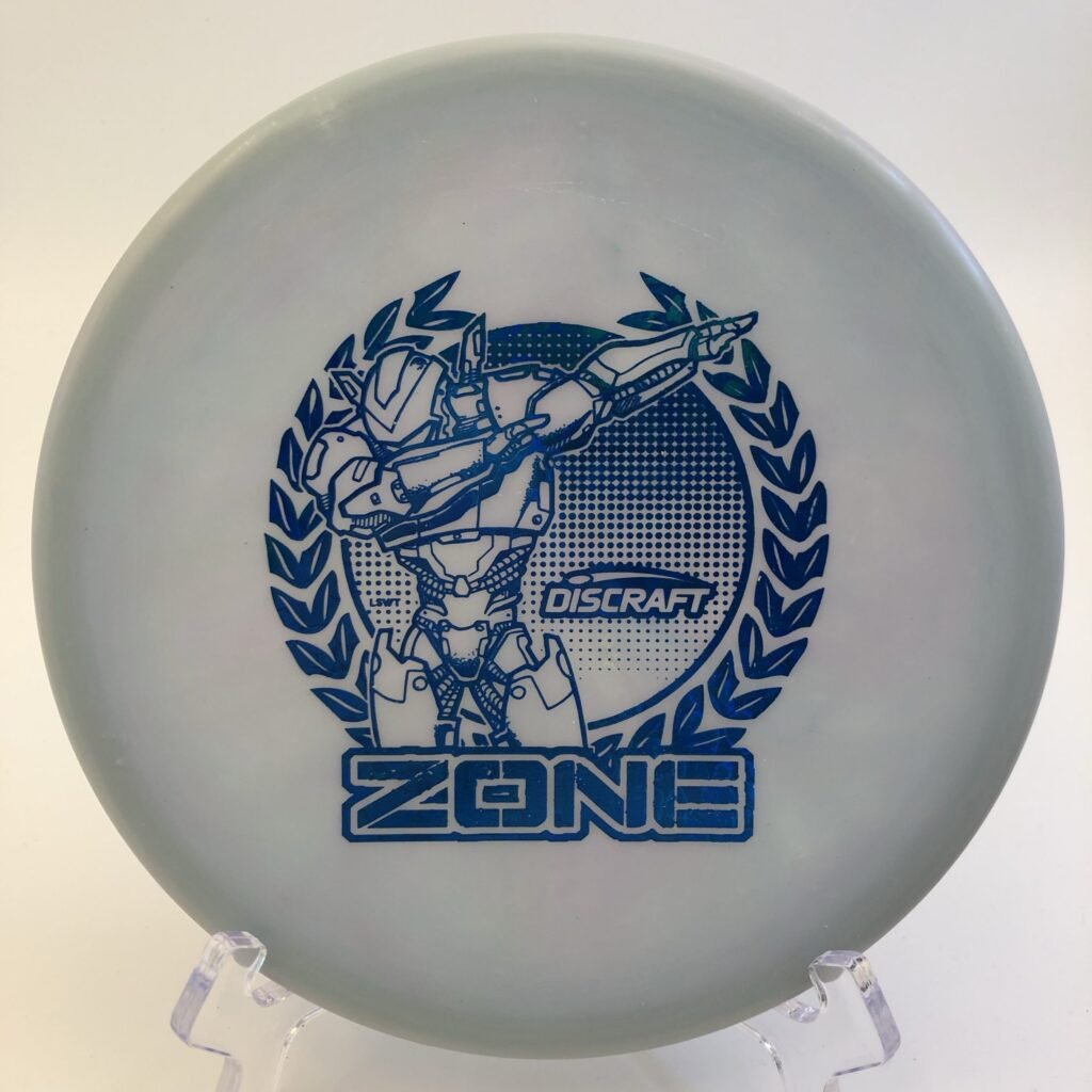 Top view of vibrant swirl Discraft ESP Zone - Robot edition weighing 173-174 grams.
