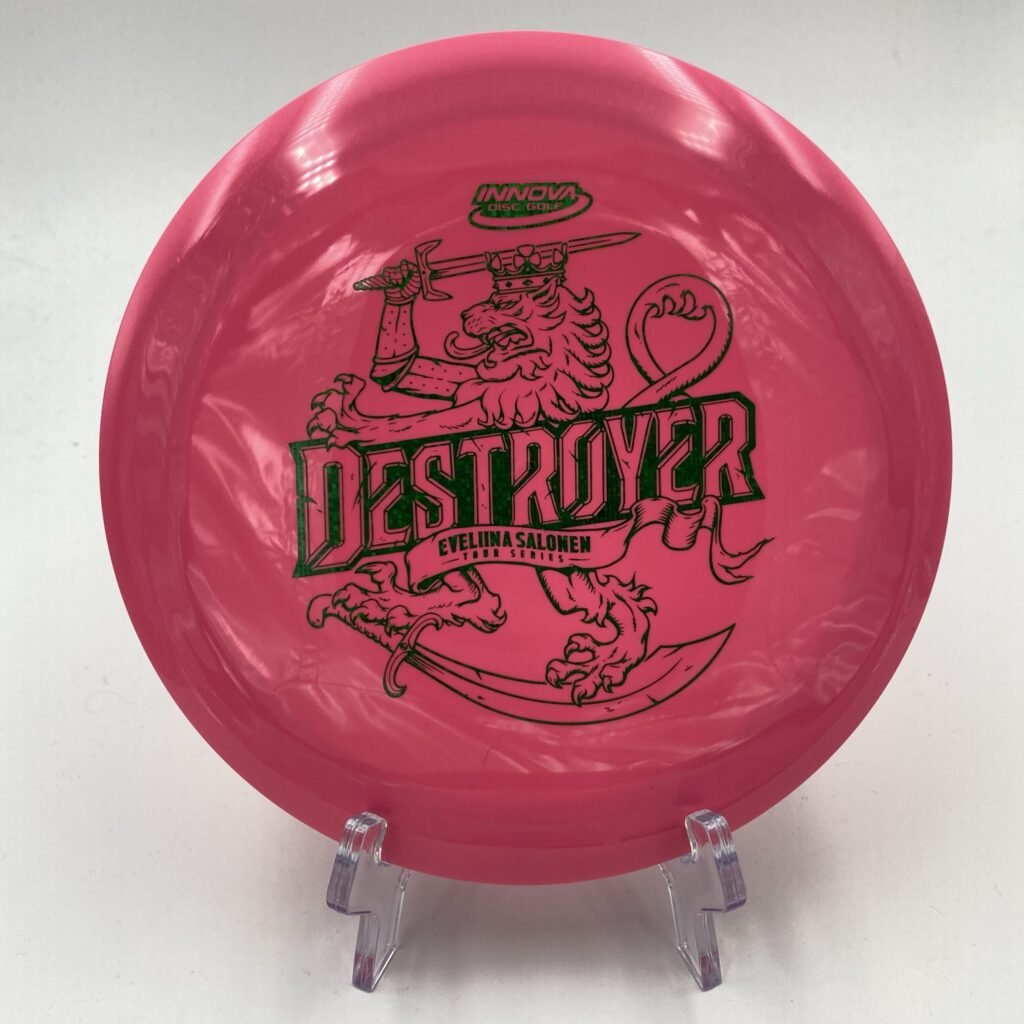 Top view of vibrant pink Innova Star Destroyer in 2021 Eveliina Salonen Tour Series with unique foil stamp.