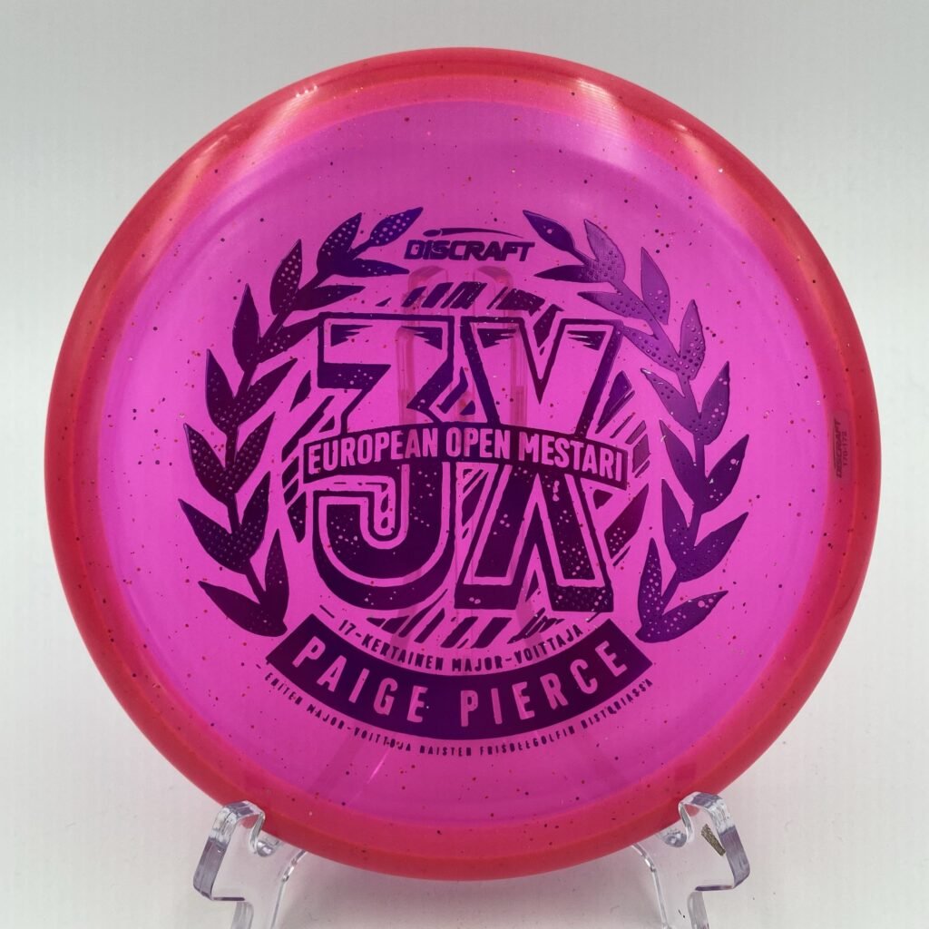 Top view of translucent CryZtal Sparkle Discraft Fierce in 170-172g plastic - 3x Paige Pierce European Open Mestari with Finnish stamp.