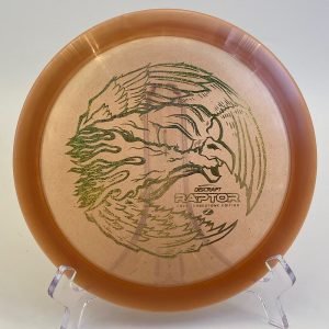 Top view of color-shifting green Discraft Raptor in Z plastic - 2024 Ledgestone Edition with shimmering effects.