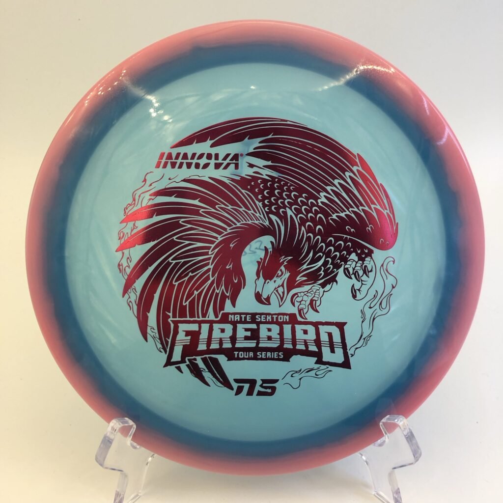 Top view of glowing green Innova Firebird in Halo Star plastic 2023 Tour Series with the Nate Sexton stamp.