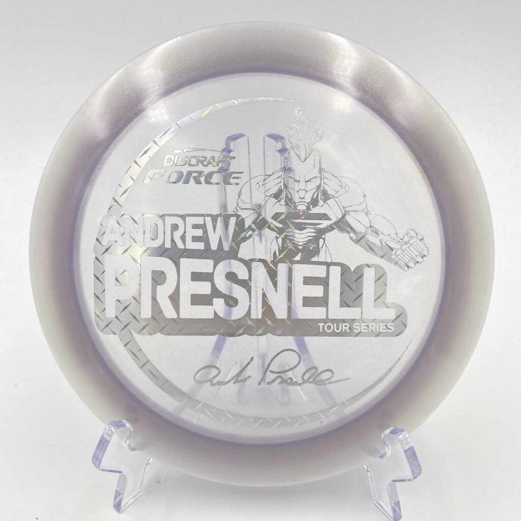 Top view of metallic Discraft Force in Z plastic - 2021 Andrew Presnell Tour Series with stunning foil stamp.