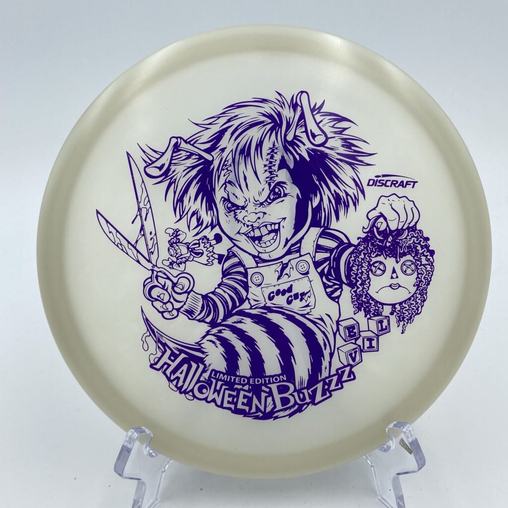 Top view of glowing green Discraft Buzzz in Z Nite Glo plastic Halloween 2022 special edition.