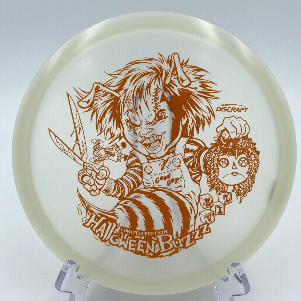 Top view of glowing green Discraft Buzzz in Z plastic Halloween 2022 Killer Doll edition.