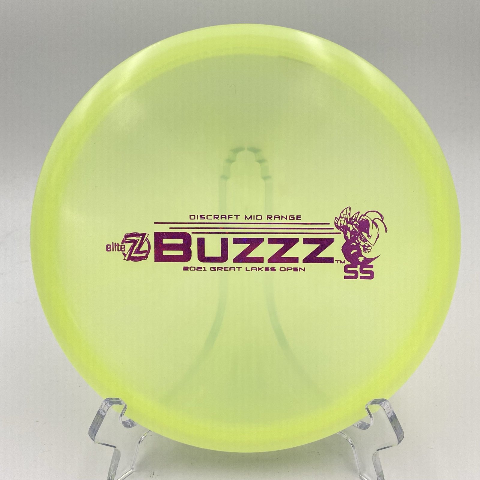 Top view of white Discraft Buzzz SS in Elite Z plastic - 2021 Great Lakes Open with black foil stamp.