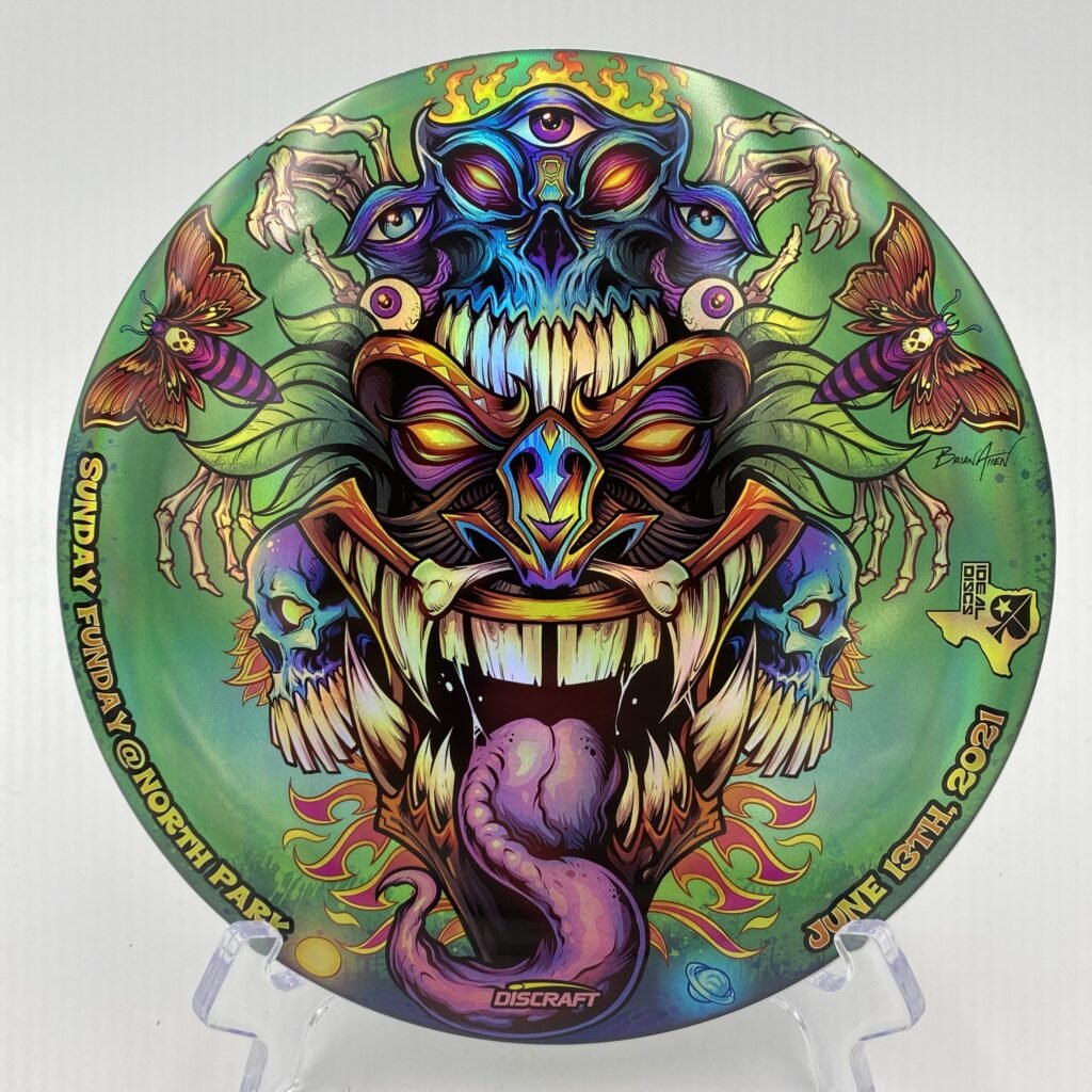 Top view of vibrant Discraft ESP Buzzz in special Sunday Funday design.