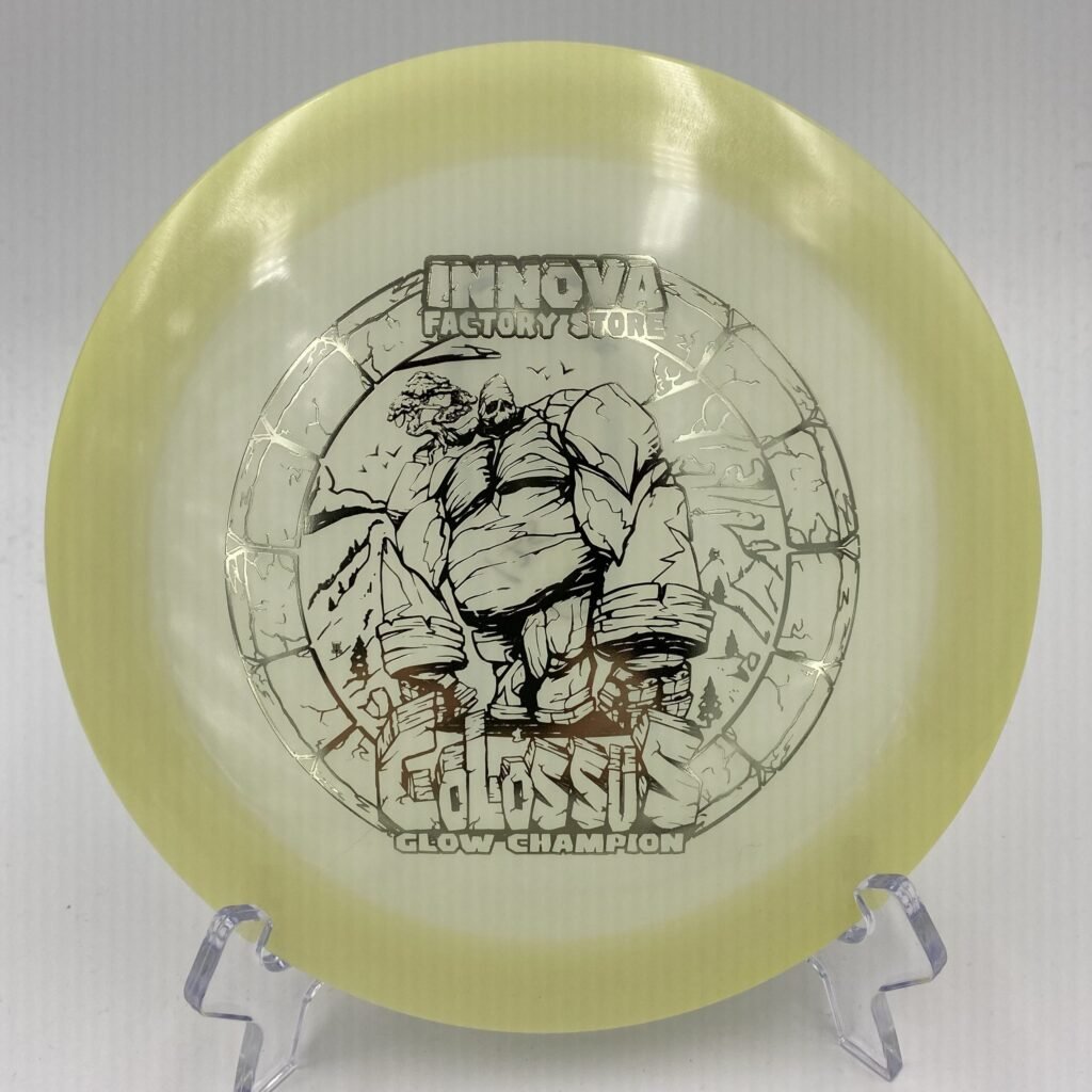 Top view of glow-in-the-dark green Innova Colossus in Champion plastic.