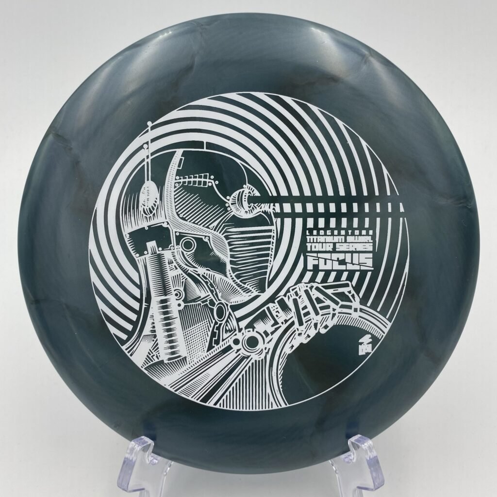 Top view of blue Discraft Focus in Ti Swirl plastic - 2022 Ledgestone Edition with a distinctive swirl pattern.