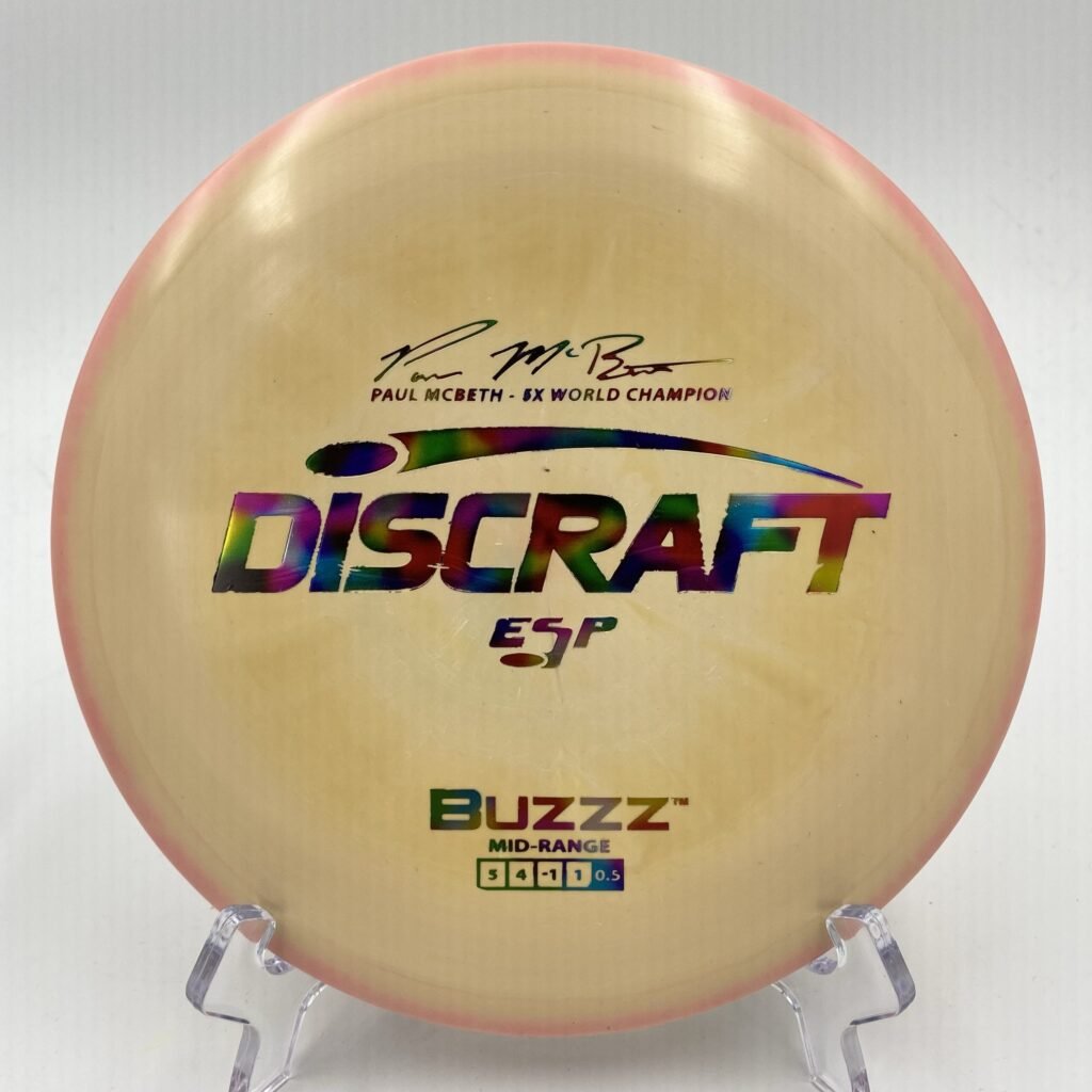 Top view of swirly pink Discraft Buzzz in ESP plastic 5x Paul McBeth edition.