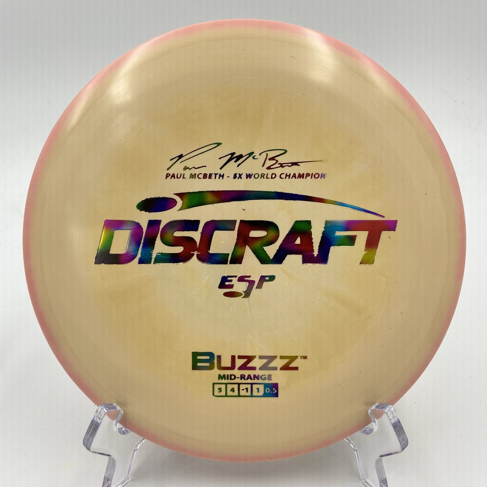 Top view of swirly pink Discraft Buzzz in ESP plastic 5x Paul McBeth edition.