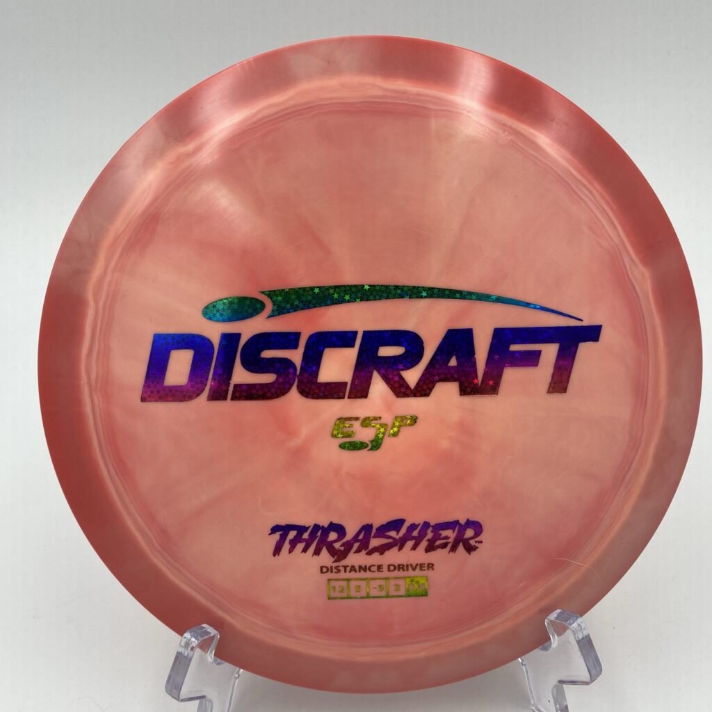 Top view of swirly green Discraft Thrasher in ESP plastic.