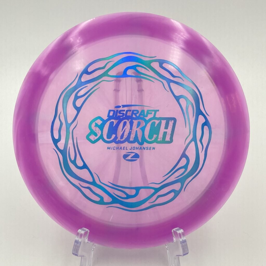 Top view of colorful Z Swirl Discraft Scorch in Z plastic - 2023 Michael Johansen edition.