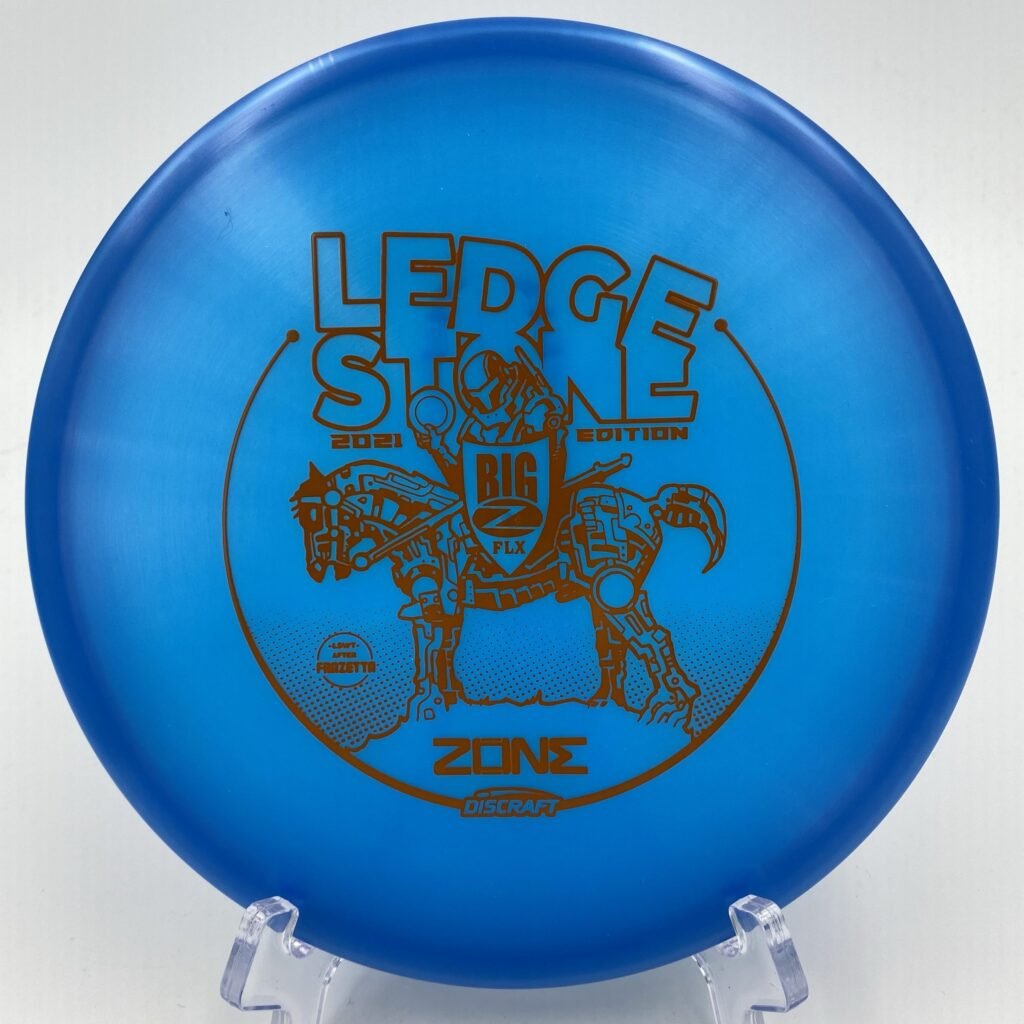 Top view of blue Discraft Zone in Big Z FLX plastic - 2021 Ledgestone Edition with silver foil stamp.