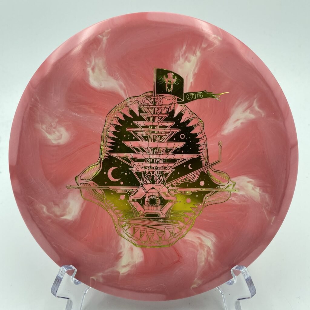 Top view of swirl Discraft Buzzz in ESP FLX plastic - Celestial Vagabond Buzzz Pirate Nate edition.
