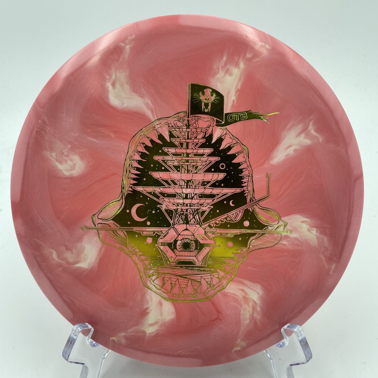 Top view of swirl Discraft Buzzz in ESP FLX plastic - Celestial Vagabond Buzzz Pirate Nate edition.