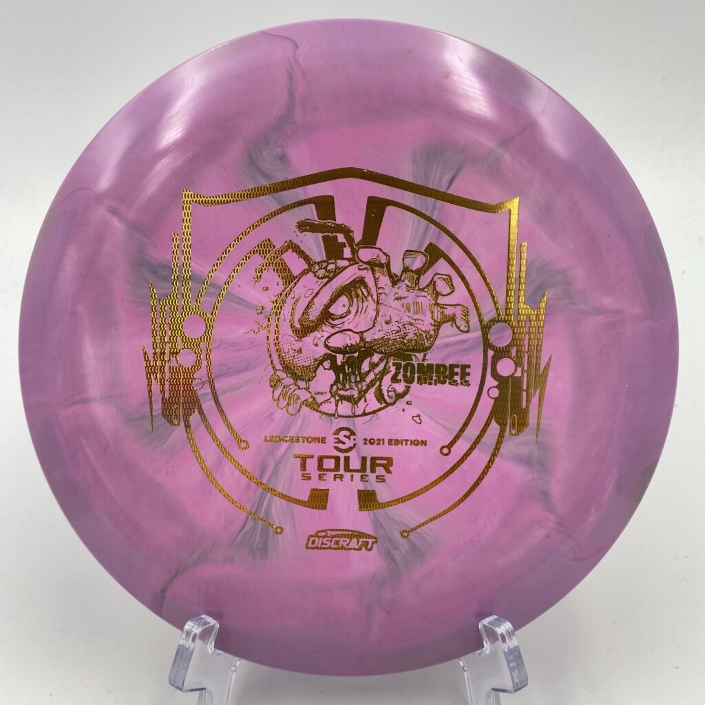 Top view of a colorful swirl Discraft Zombee in ESP plastic Ledgestone 2021 Tour Series.
