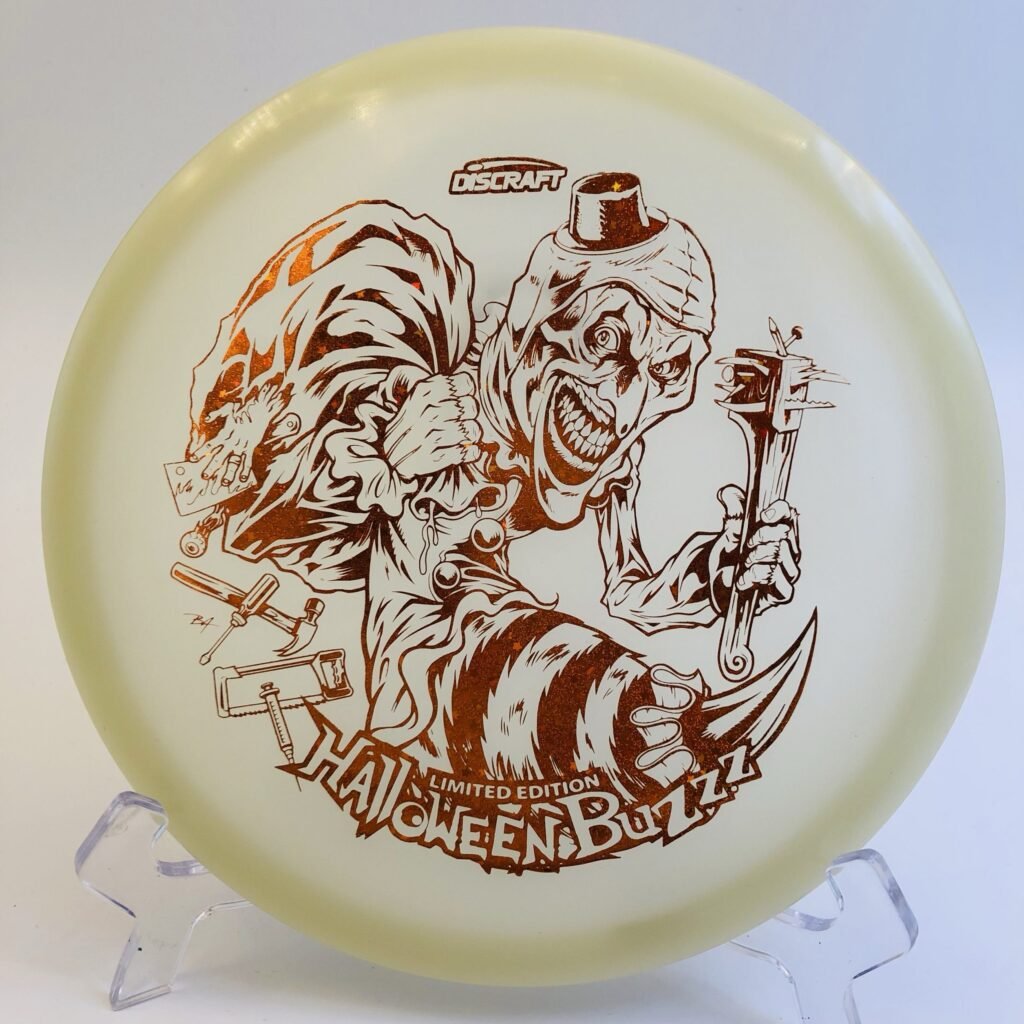 Translucent green Discraft Buzzz in Tri-Foil Glo plastic - 2025 Halloween 'Buzzzifier' edition.