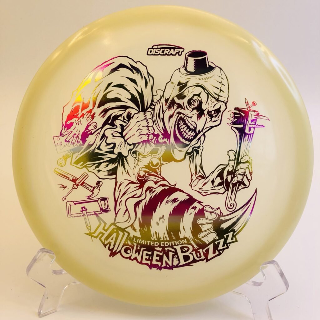 Translucent orange Discraft Buzzz in Tri-Foil Glo plastic 2025 Halloween Special Edition.