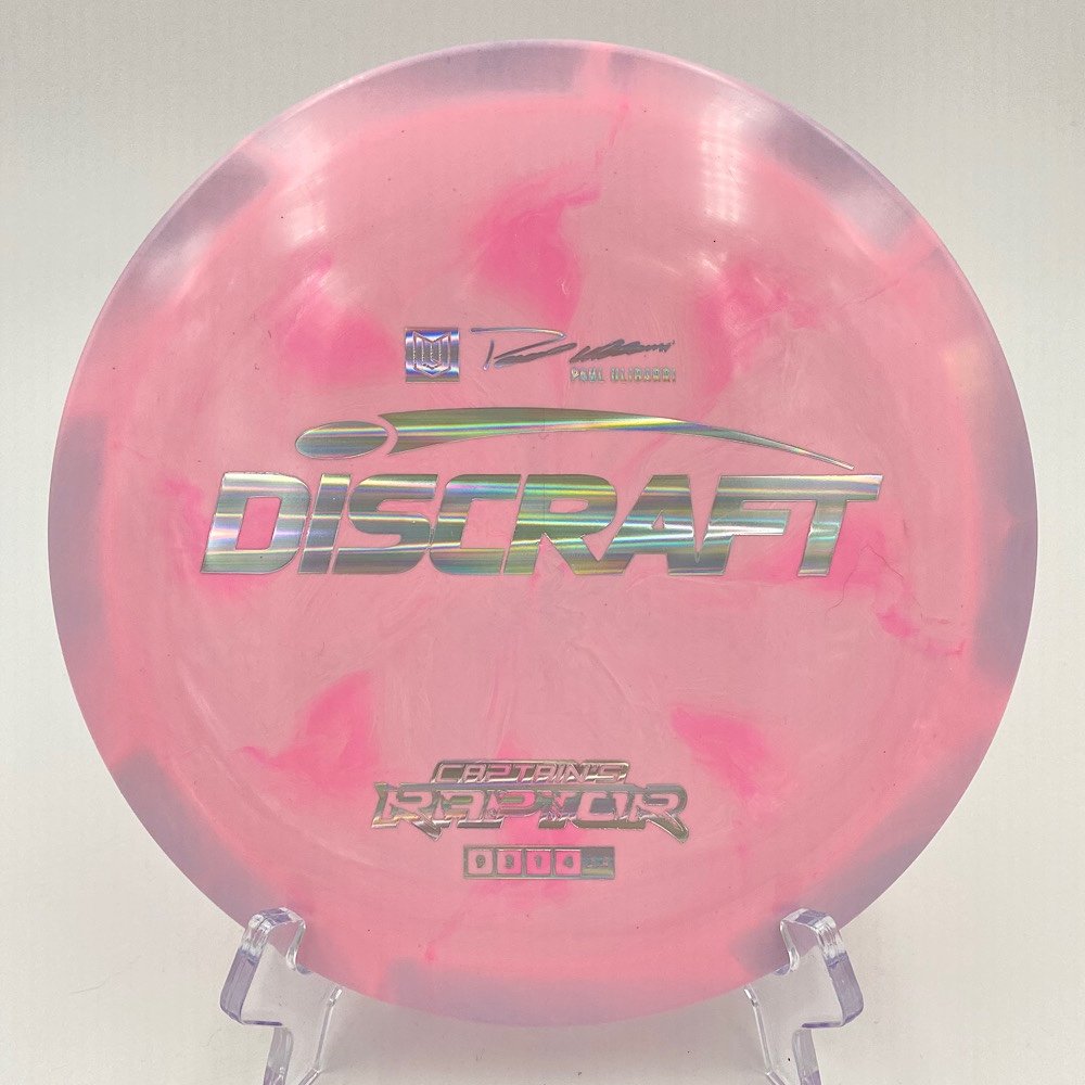 Top view of the Swirl ESP Discraft Raptor in special edition plastic with vibrant colors.