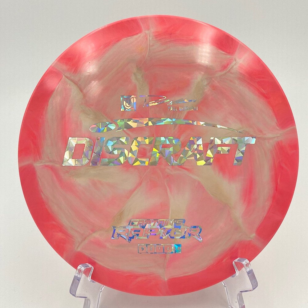 Top view of colorful swirl Discraft Raptor in ESP plastic Captain's Raptor edition.