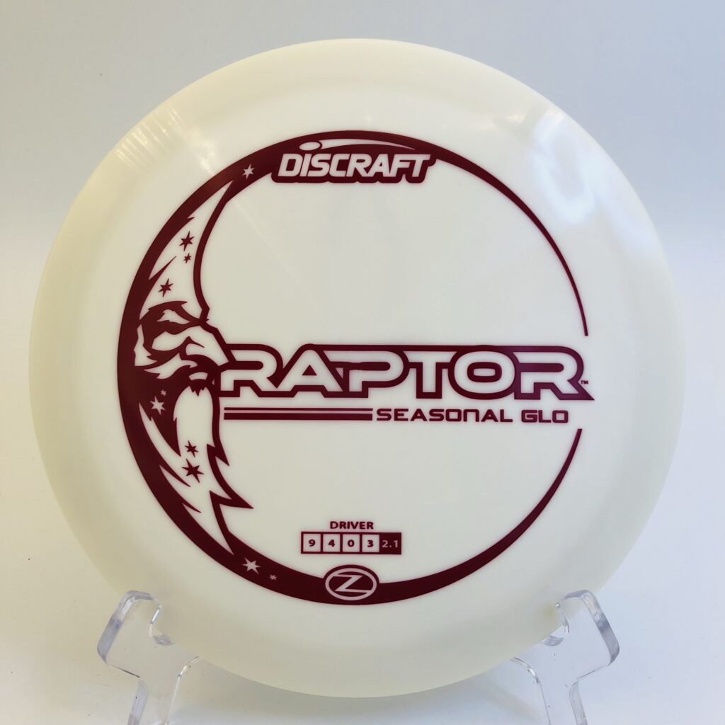 Discraft Raptor in Glo Z plastic Seasonal Glo with vibrant glow-in-the-dark feature.